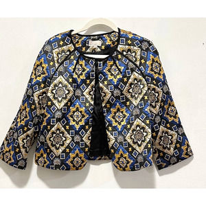 Ann Taylor LOFT - Women's Blue, Black, and Gold Mosaic, Brocade, Bolero (size S)